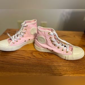 Custom baby pink Converse High Tops with Gold Accents